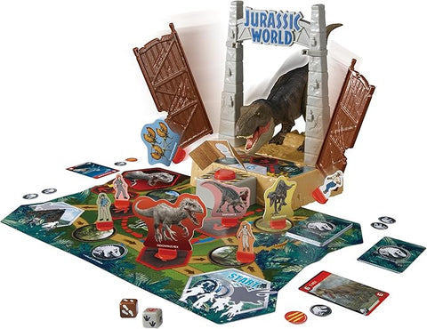 Image shows a T-Rex breaking through a door towards the game board.