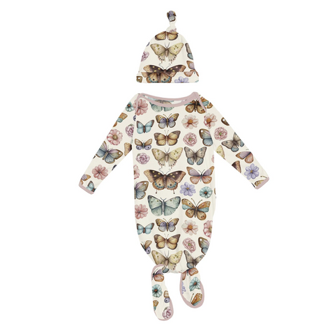 Knotted Layette Gown & Hat Set - Botanical Butterflies
