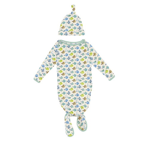 Knotted Layette Gown & Hat Set - Natural Fishies