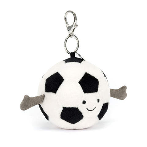 Stuffed soccer ball clip keychain with a happy face and arms