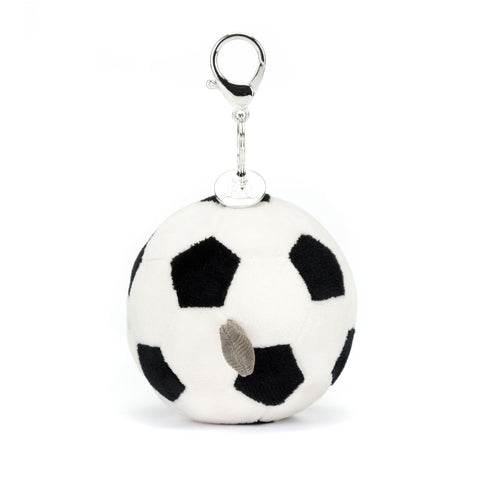 Plush soccer ball keychain with a silver clasp on a white background