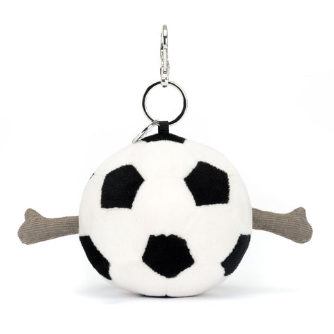 Plush keychain shaped like a soccer ball with black and white pattern on a white background