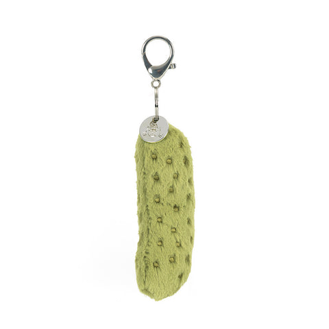 Side view of a plush pickle keychain