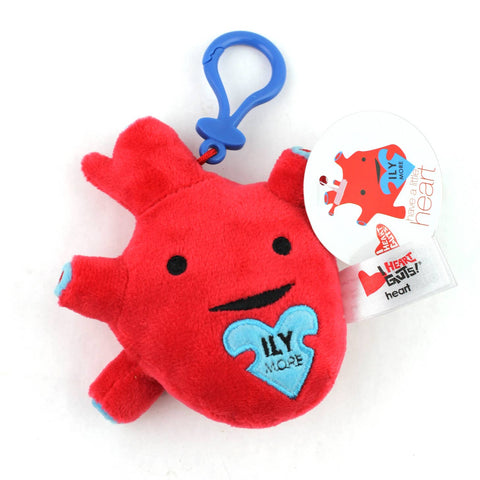 Image shows a stuffed heart keychain with a patch that reads "ILY More"