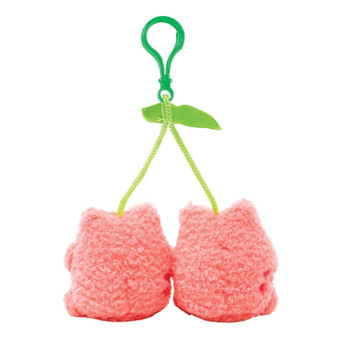 Image shows a back view of the stuffed cherry frog keychain