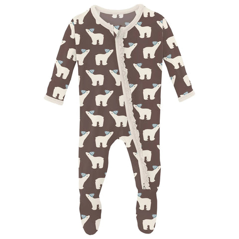 A footie pajama with brown fabric and white polar bears wearing blue hats. Trimmed in white and a white ruffle lines the zipper.