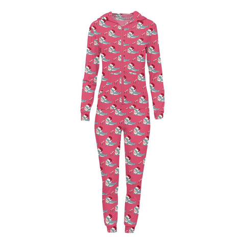 A women's fitted jumpsuit with a dark pink background and sharks wearing Santa hats. The sharks are reaching for gifts.