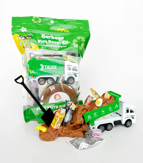Image shows a garbage themed playdough kit with its various accessories
