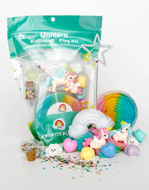 Image shows a unicorn themed playdough kit with all of its various accessories