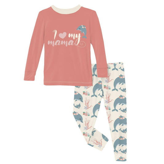 2 Piece Pajama Set (Long Sleeve) - Natural Dolphins with Graphic Top