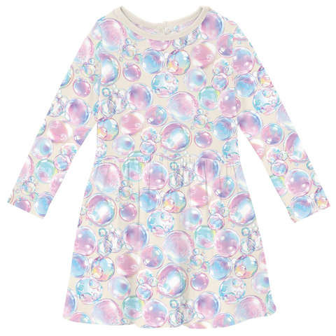 Print Long Sleeve Twirl Dress with Pockets in Natural Bubbles XS-5/6 Print Long Sleeve Twirl Dress with Pockets in Natural Bubbles XS-5/6
