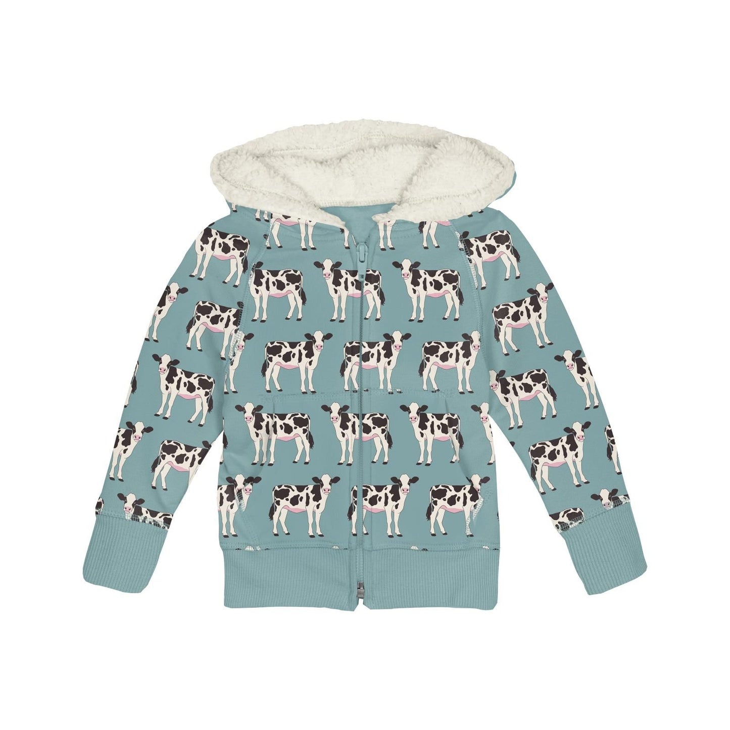 Fleece Zip Front Hoodie with Sherpa-Lined Hood - Jade Cows