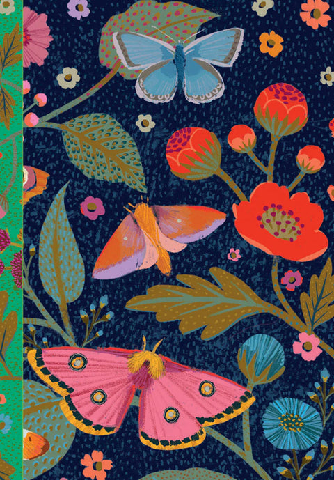 Image shows a floral themed notebook - moths and flowers on a dark blue background.