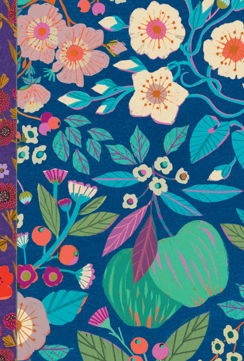 Image shows a journal cover with flowers, leaves, and apples on a royal blue background
