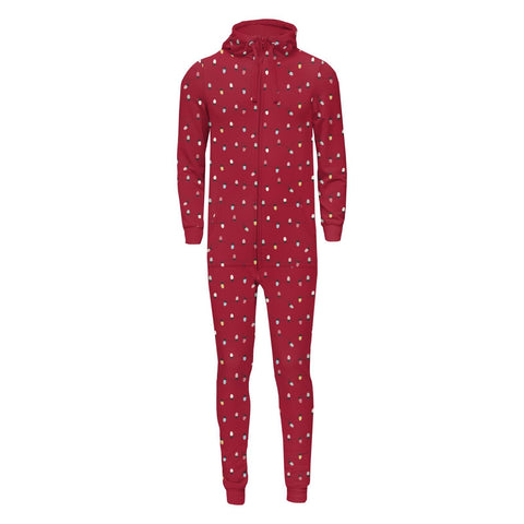 Adult Fleece Jumpsuit with Hood - Crimson Holiday Lights