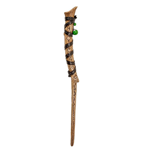 Image shows a light brown wand with dark brown tape wound around the top. It has runes sketched into the wand.