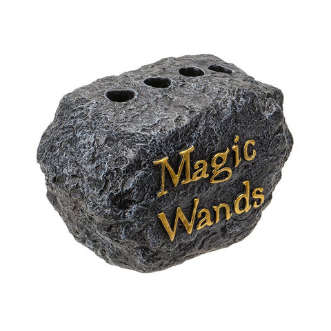 Image shows a grey stone with "Magic Wands" written in gold on the front. It has 4 holes in the top to hold magic wands.