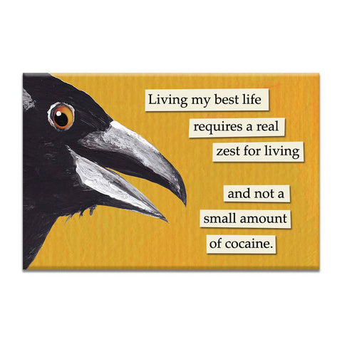Image shows a rectangular magnet with a crow. Text reads "Living my best life requires a real zest for living and a small amount of cocaine"