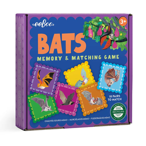 Image shows the box cover for the Bats memory & matching game. The tiles have various types of bats.