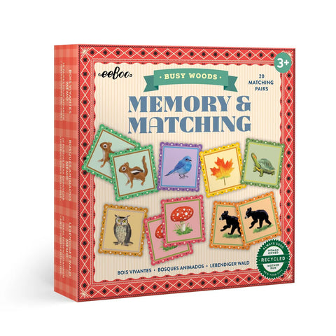 Image shows the game box for Busy Woods Memory & Matching. The tiles are woodland themed.