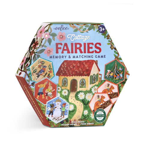 Image shows a hexagon-shaped game box for the memory & matching game, Cottage Fairies.