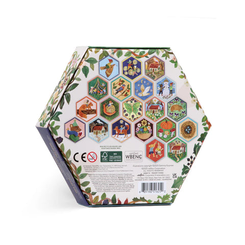Image shows the back of the hexagon-shaped game box