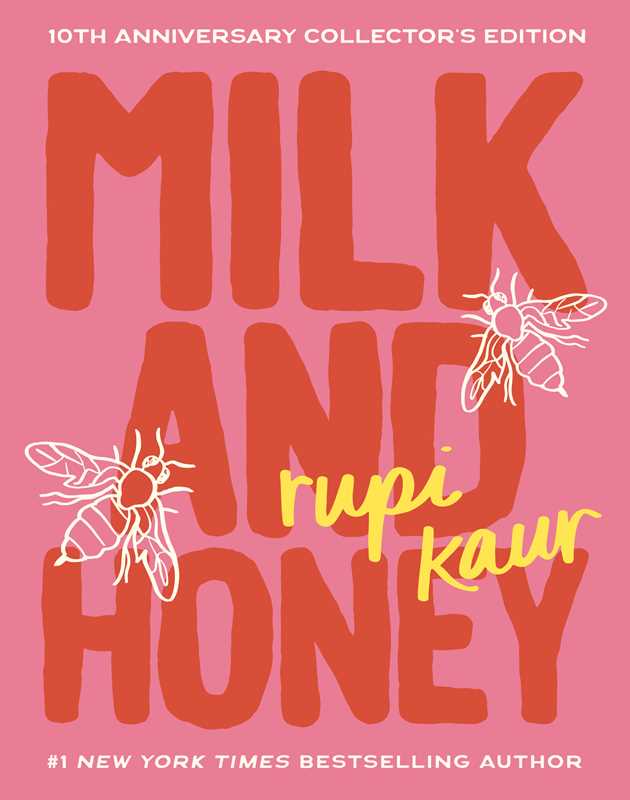 Image shows the cover of a book titled "Milk and Honey". The background is pink, the text is red, and there are two white bee outlines.