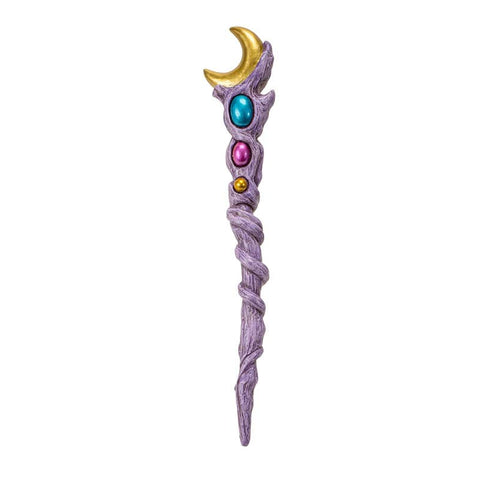 Image shows a light purple magic wand with a gold crescent moon at the end. It has a blue, pink, and yellow stone near the end.