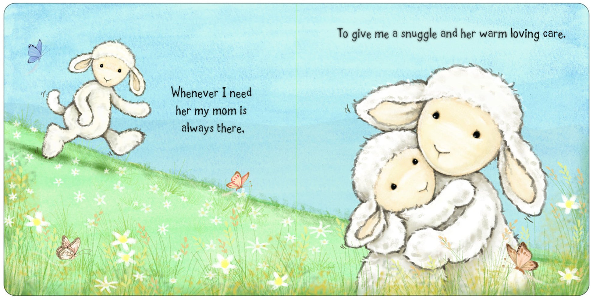 Illustrated baby lamb on one page, mom hugging baby lamb on second page