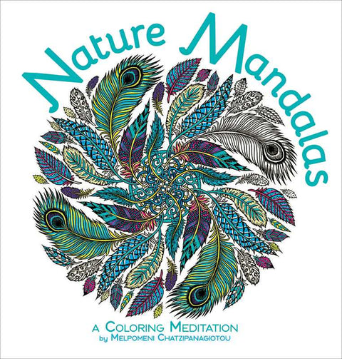 Image shows a coloring book cover titled "Nature Mandalas". There is a mandala made up of various feathers below the title.