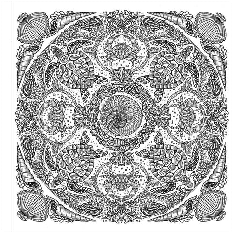 Image shows a mandala coloring page made up of turtles, crabs, and various sea shells.