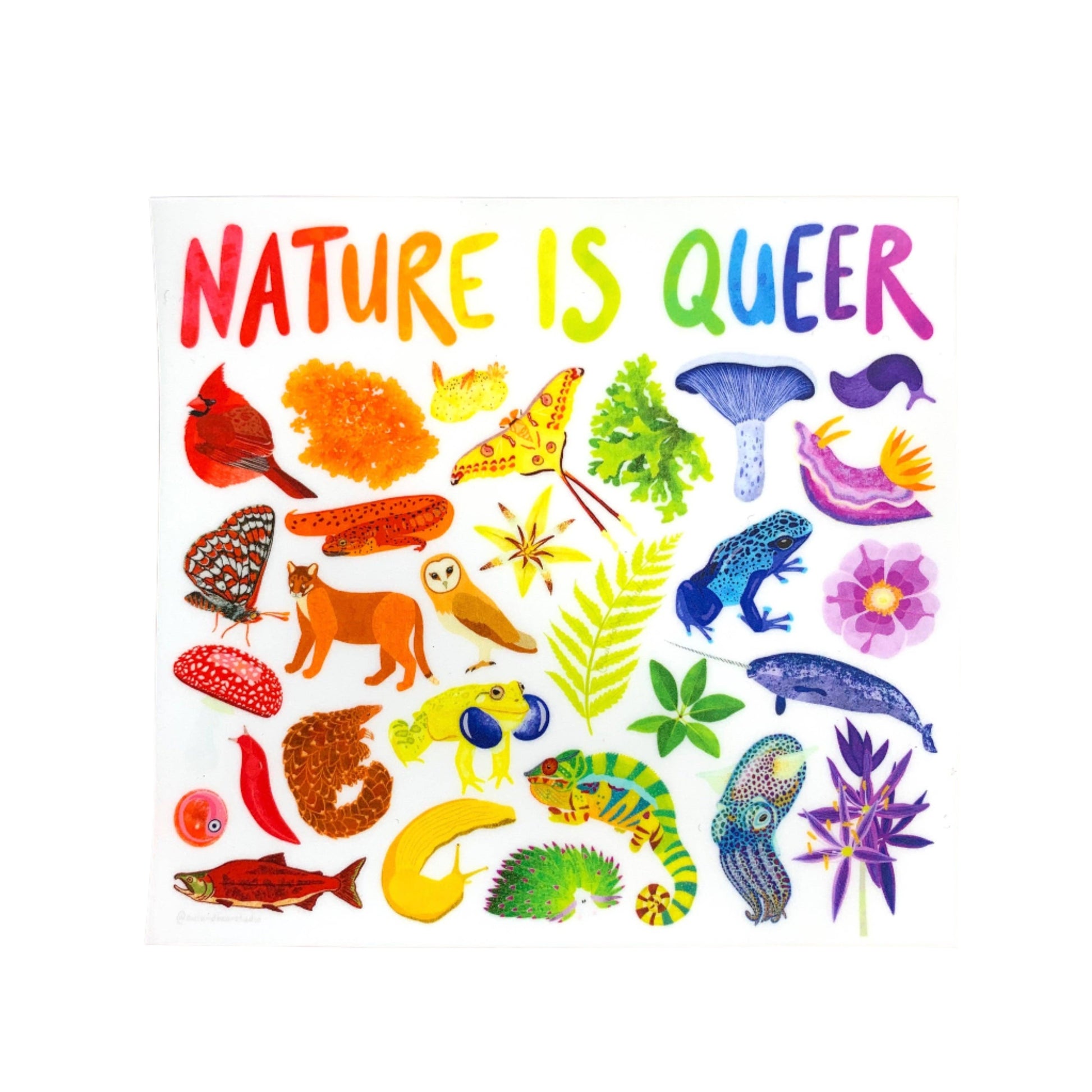 A square sticker with various animals in rainbow colors