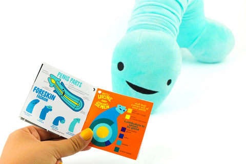 Image shows the penis neck pillow next to part of the information card it comes with
