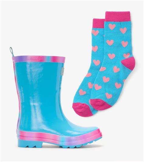 Rainboots with Matching Socks - Fun Hearts Gradient