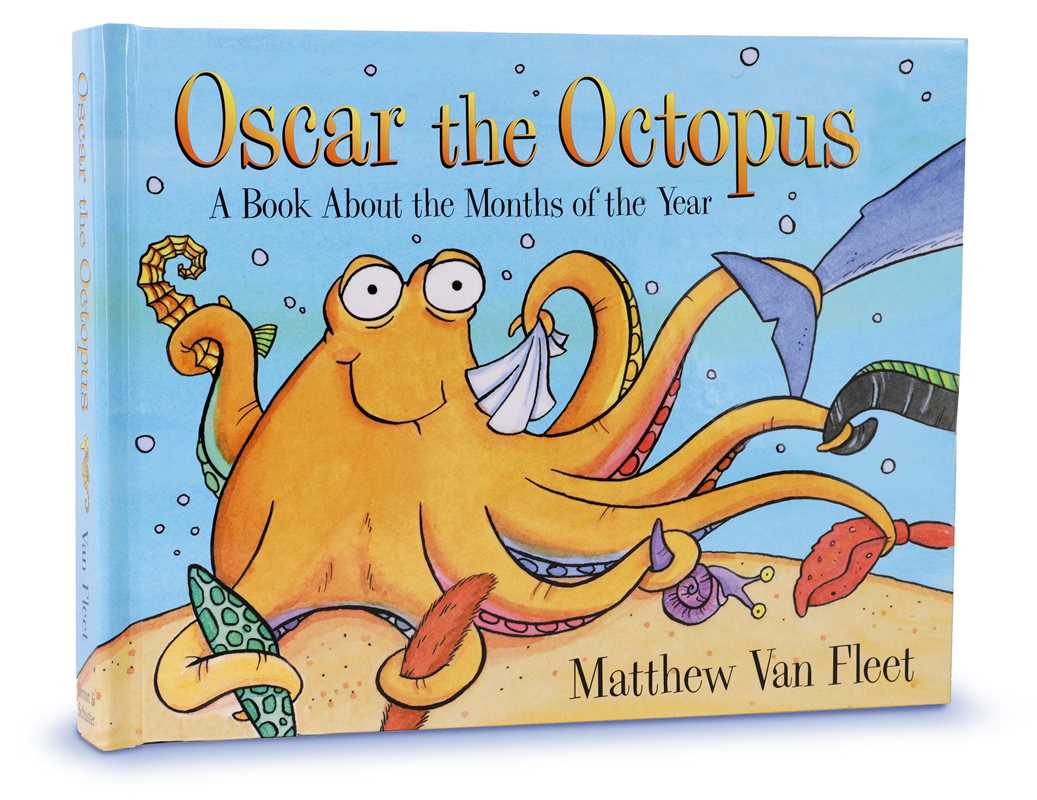 Image shows a board book titled "Oscar The Octopus".  The octopus holds fins of various ocean animals.