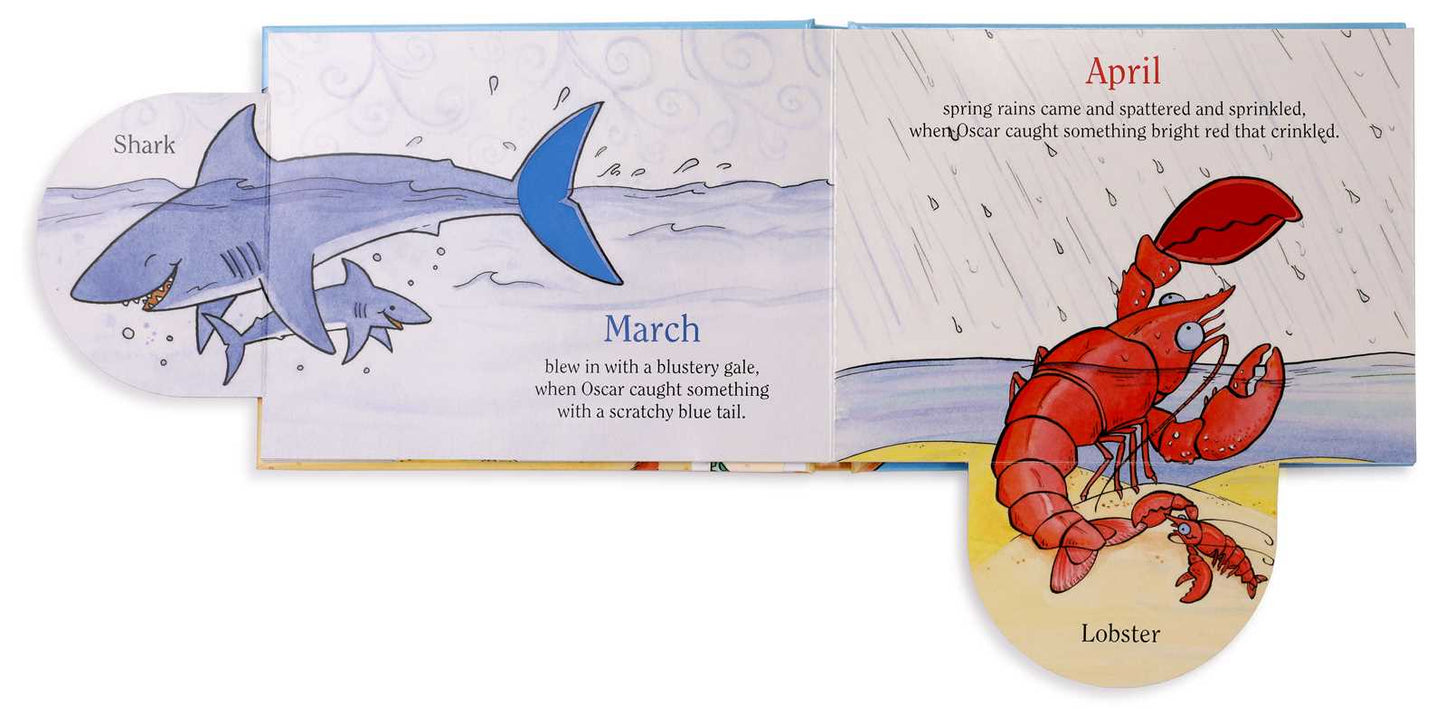 The left page shows a shark for the month of March, while the right page shows a Lobster for the month of April.