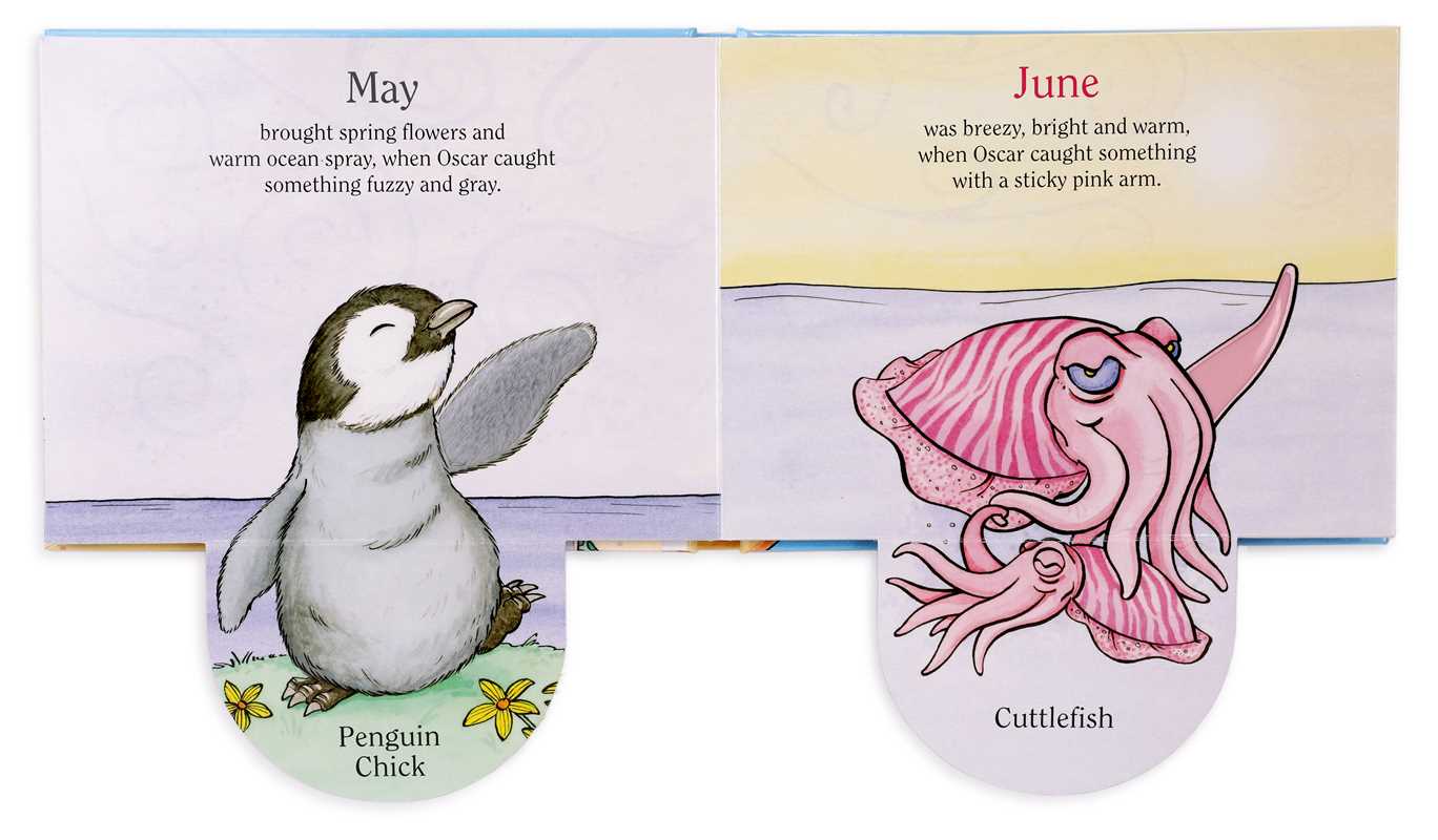 The left page shows a penguin for the month of May, and the right page shows a cuttlefish for the month of June.