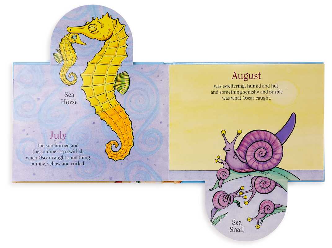 The left page shows a yellow Sea Horse for the month of July while the right page shows a purple sea snail for the month of August.