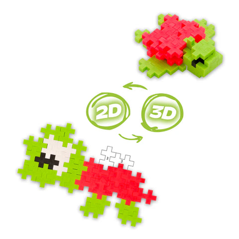 Toy turtle made of interlocking pieces with 2D and 3D labels on a white background