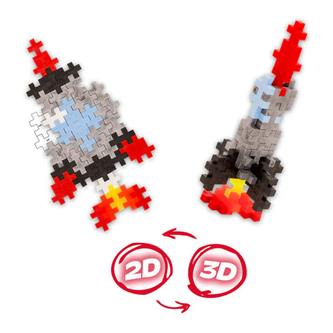 Rocket toy building set transforming from 2D to 3D on a white background