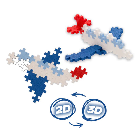 A 2D and 3D airplane made of interlocking blocks.