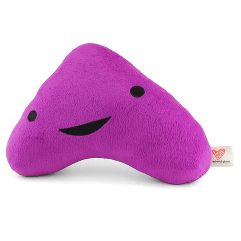 Image shows a plush purple adrenal gland with a happy face