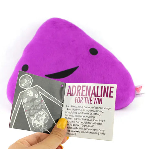 Image shows the plush adrenal gland with one page of the information card it comes with
