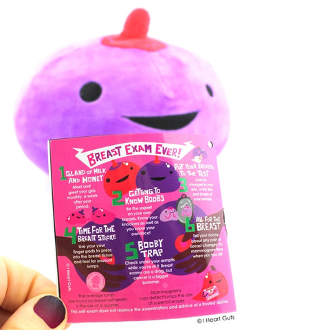 Image shows the stuffed breast next to a page of the information card it comes with, discussing breast exams.