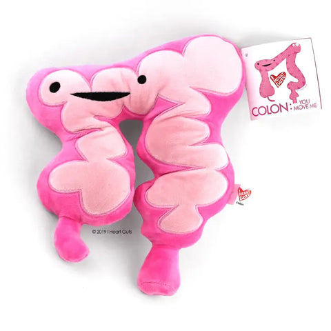 Image shows the stuffed colon with a hang tag that says "Colon: You move me"