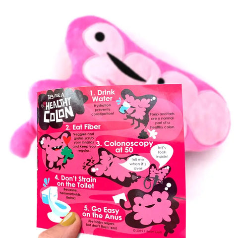 Image shows the stuffed colon with a page of the information card it comes with, discussing tips for a healthy colon