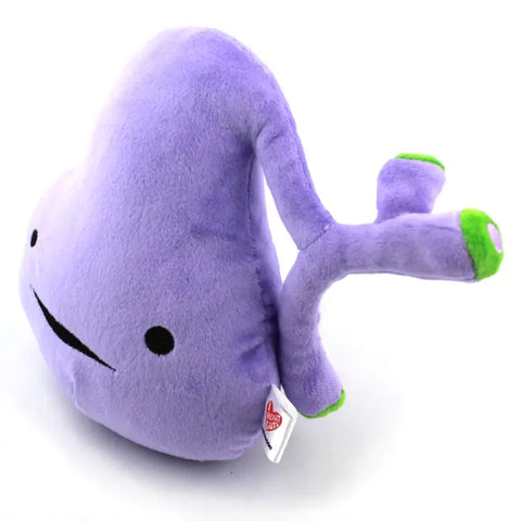 Image shows a side-angle view of a lavender-colored stuffed gall bladder with a smiley face