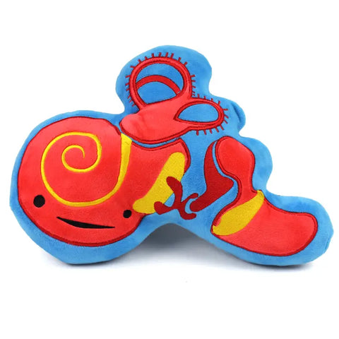 Image shows a red, yellow, and blue stuffed version of the inner ear