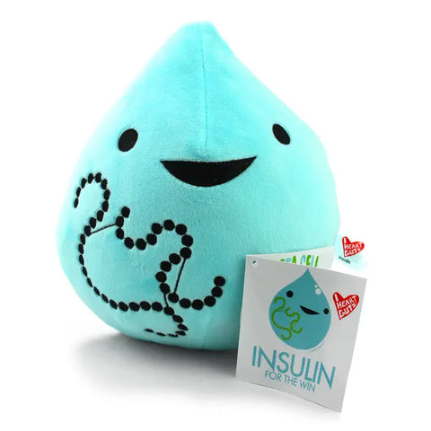 Image shows the stuffed drop of insulin with a hang tag that says "Insulin for the win"