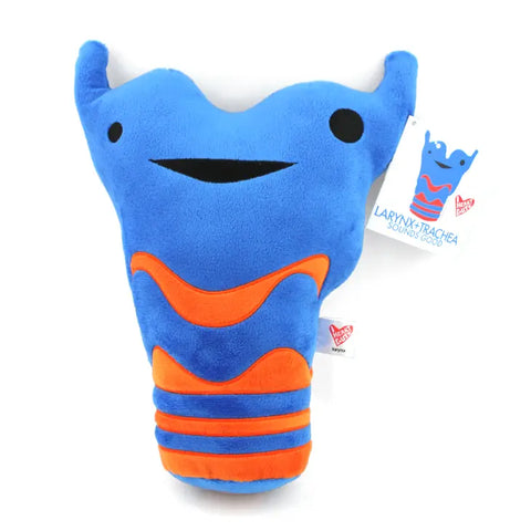 Image shows the stuffed larynx & trachea with a hang tag that says, "larynx & trachea: sounds good!"